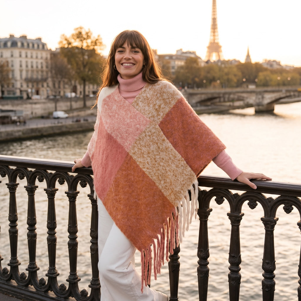 Poncho cape femme colorblock corail porté par une femme souriante posant sur un pont.