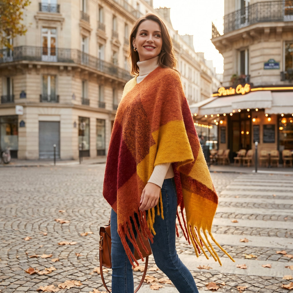 Poncho cape femme colorblock orange, jaune et rouge porté par une femme souriante marchant en extérieur.