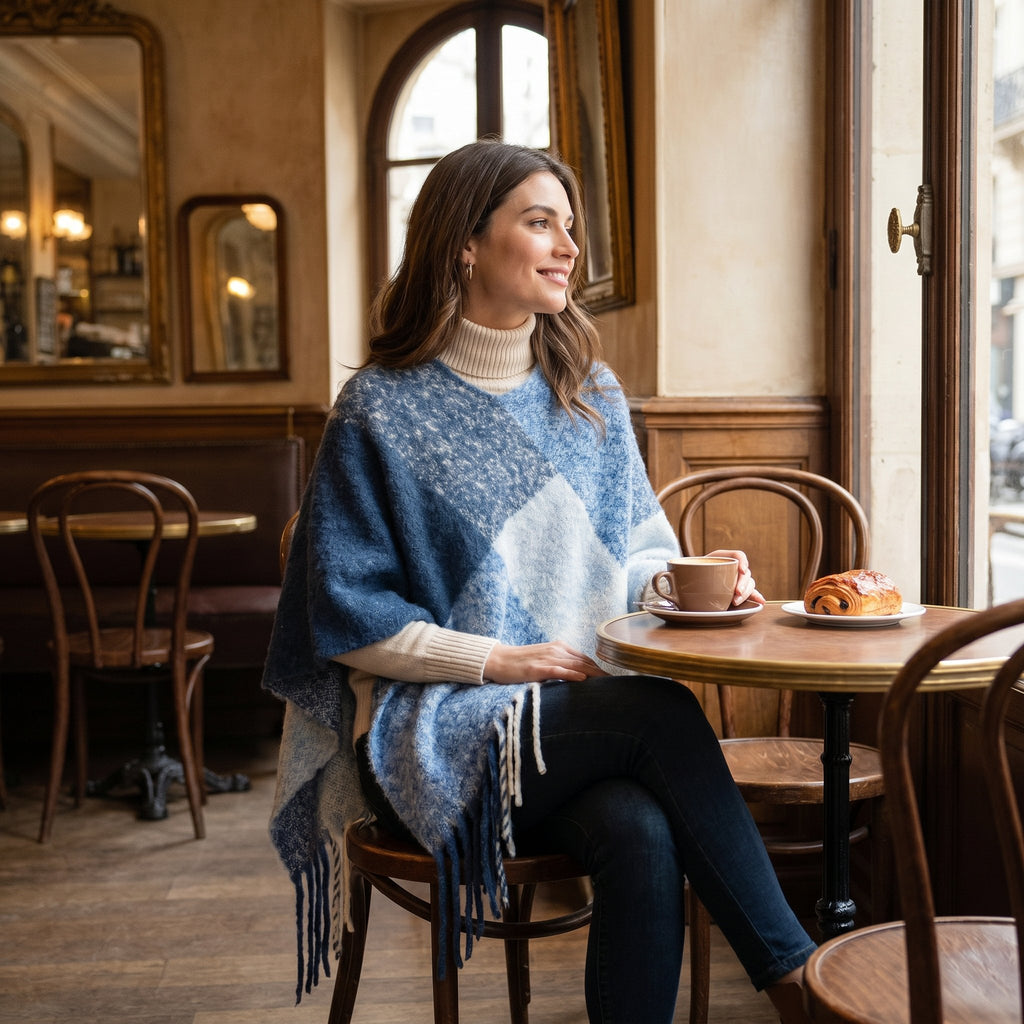 Poncho cape femme colorblock bleu porté par une femme assise dans un café, vue de profil.