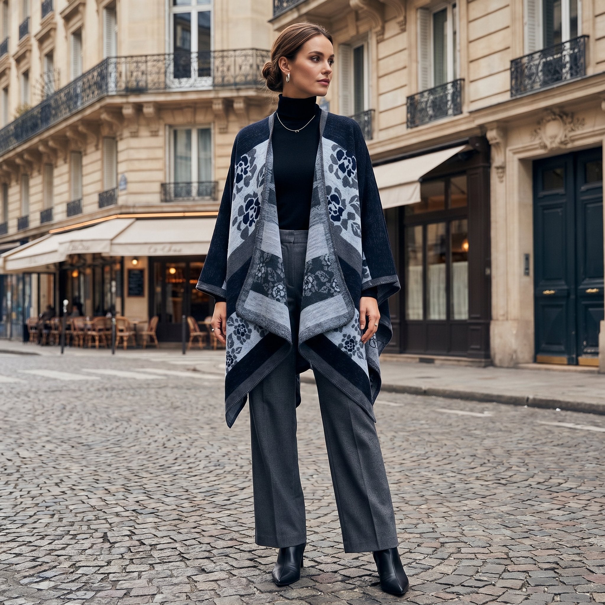 Poncho cape femme motif floral noir et gris, porté par une femme en plan large dans la rue.