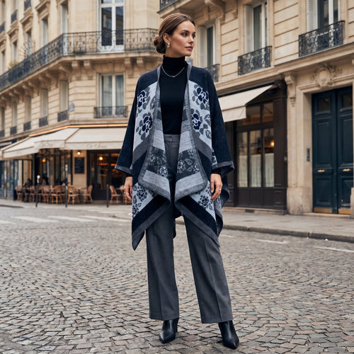 Poncho cape femme motif floral noir et gris, porté par une femme en plan large dans la rue.