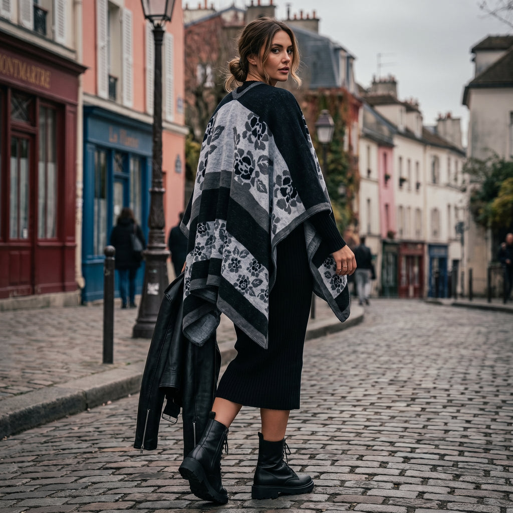 Poncho cape femme motif floral noir et gris, porté par une femme de dos regardant par-dessus son épaule.