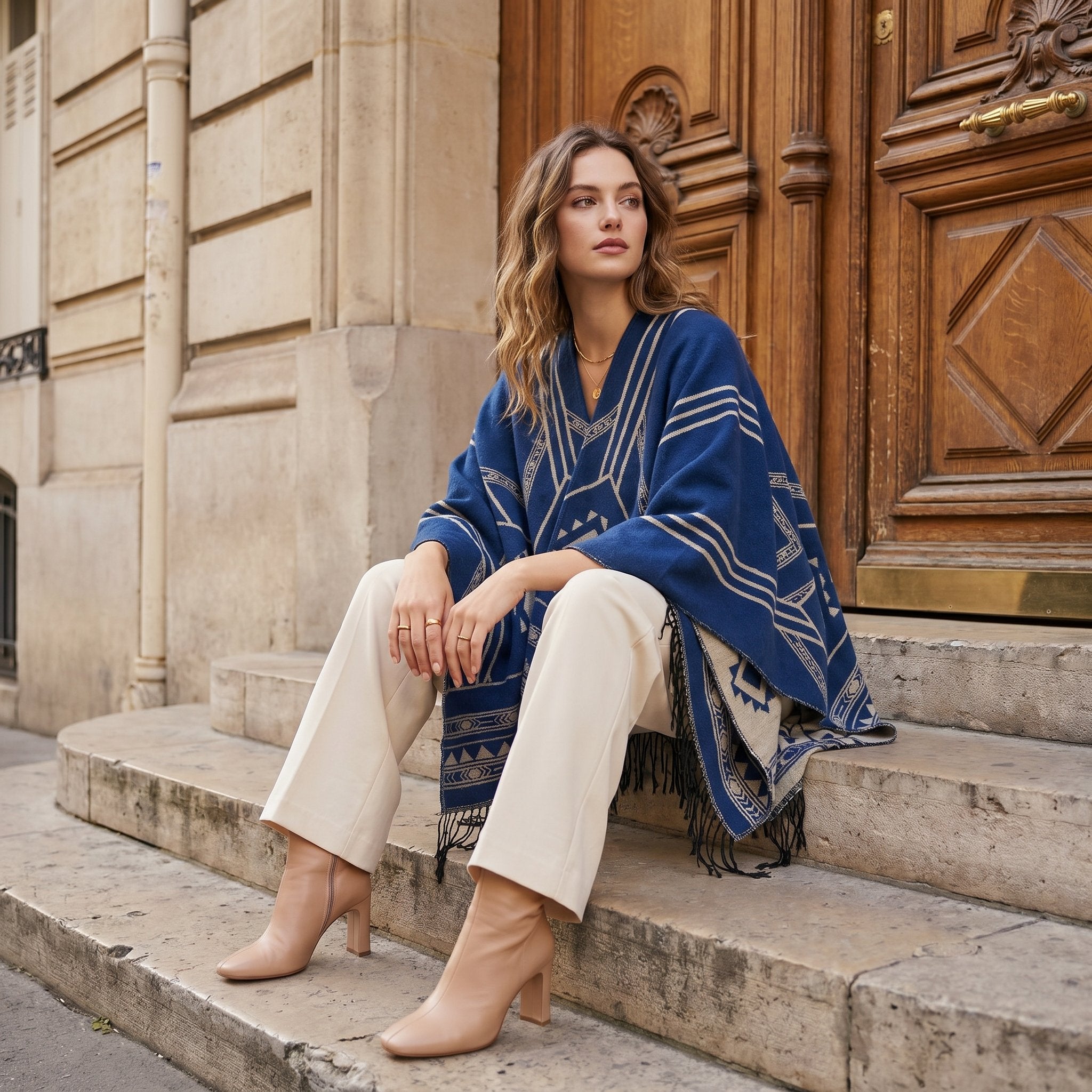 Poncho cape femme à motif géométrique et franges bleu et beige, porté par une femme assise sur des marches en pierre