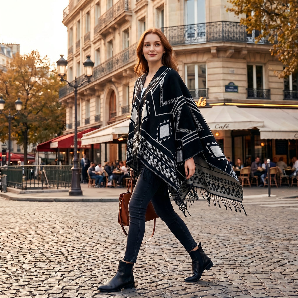 Poncho cape femme à motif géométrique et franges noir et blanc, porté par une femme marchant en extérieur, de profil