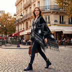 Poncho cape femme à motif géométrique et franges noir et blanc, porté par une femme marchant en extérieur, de profil