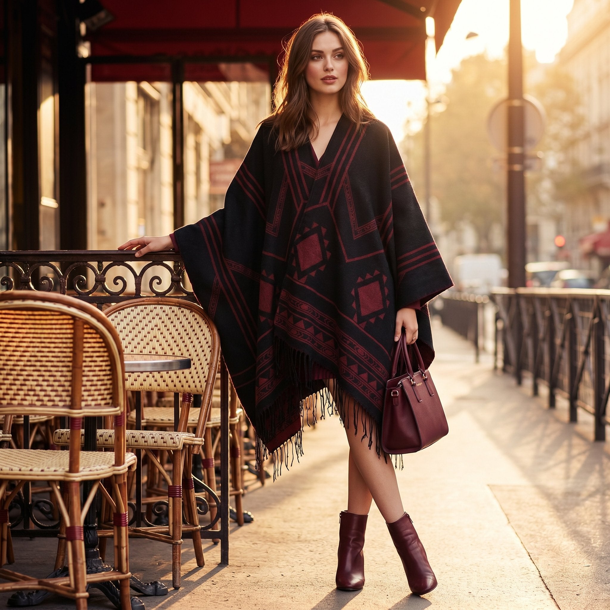 Poncho cape femme à motif géométrique et franges noir et rouge, porté par une femme debout en extérieur, de face