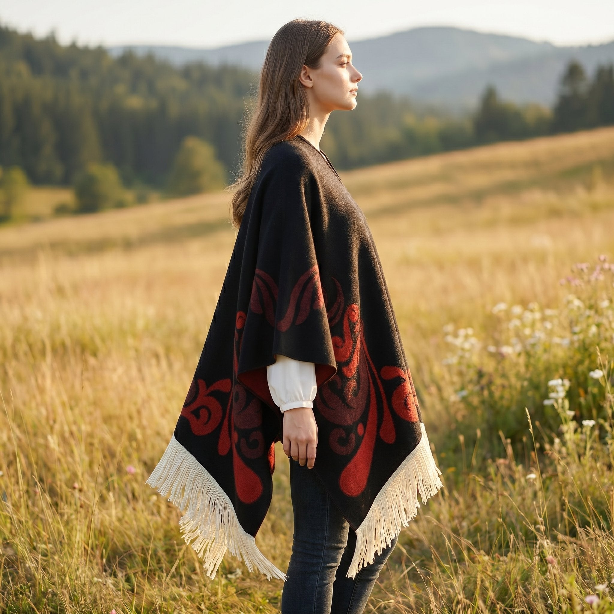 Poncho cape femme ouvert noir et rouge, porté de côté par une femme, détaillant la coupe ample et les longues franges crème