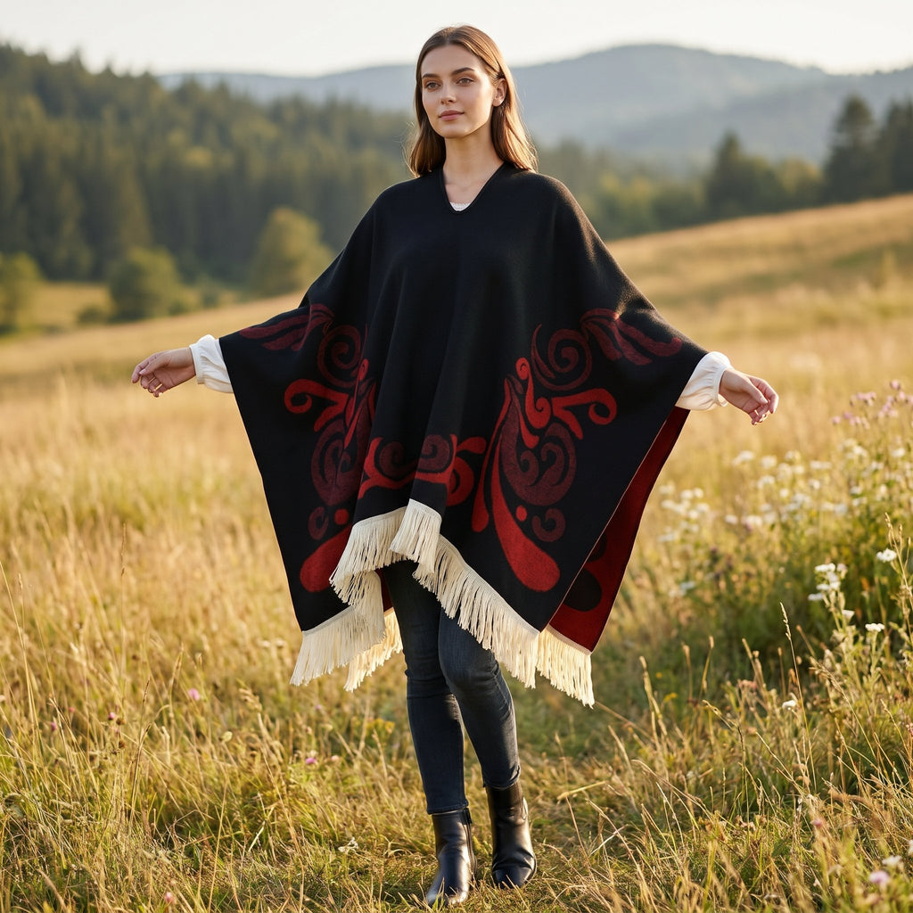 Poncho cape femme ouvert noir et rouge, porté de face par une femme, mettant en valeur son col en V et ses motifs ornementaux