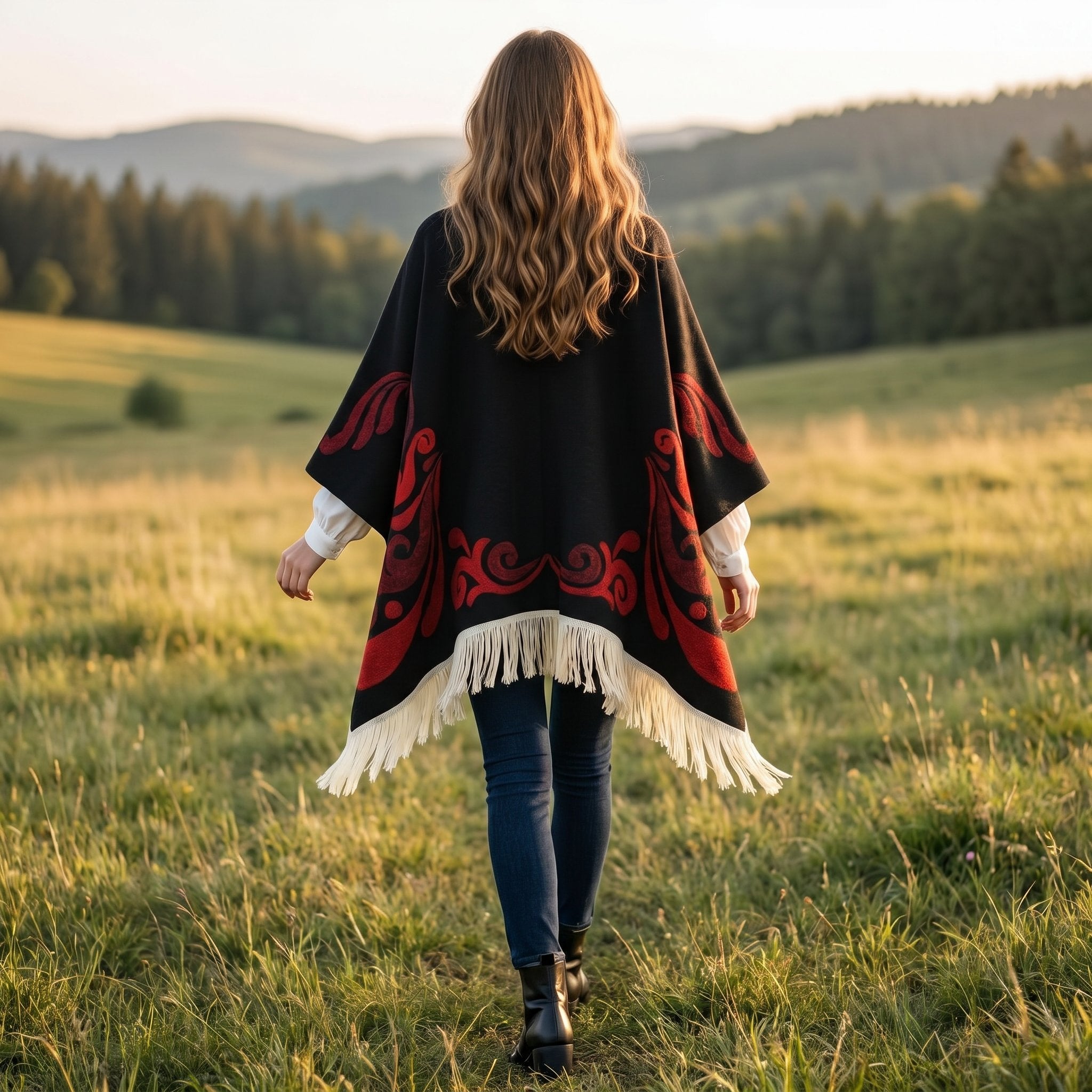 Poncho cape femme ouvert noir et rouge, porté de dos par une femme marchant