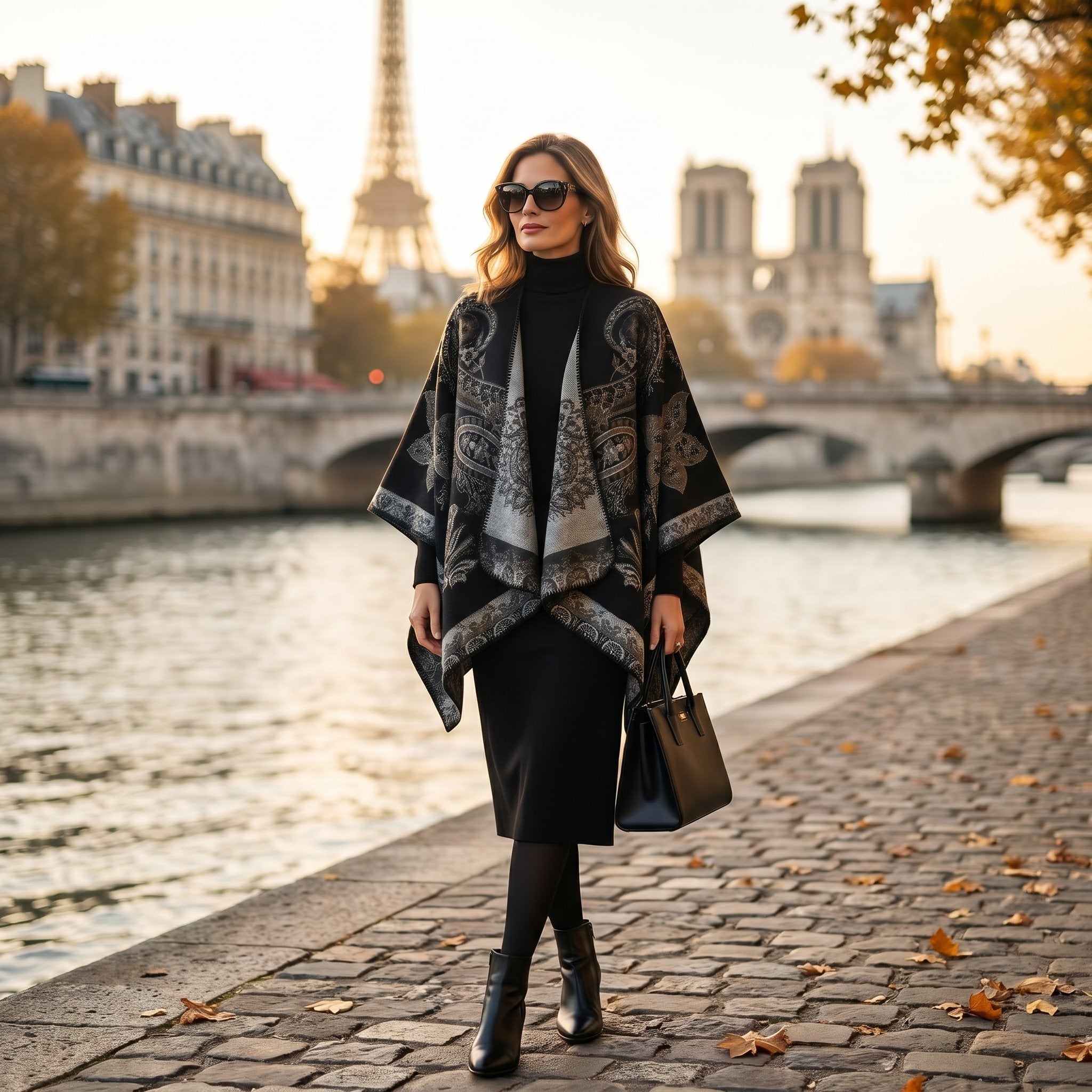 Poncho cape femme motif Paisley noir et gris, porté par une femme marchant le long d'une rivière ensoleillée.