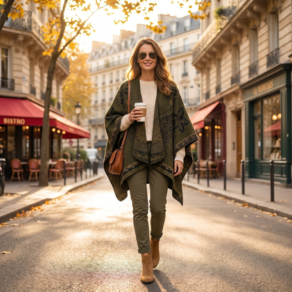 Poncho cape femme motif Paisley vert, porté par une femme souriante tenant une tasse de café dans une rue.