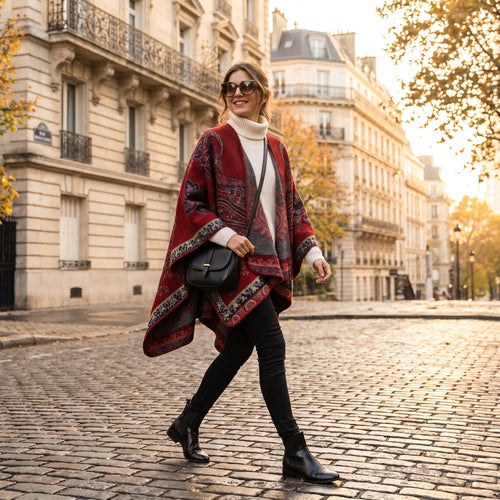 Poncho cape femme motif Paisley rouge, porté par une femme souriante marchant dans une rue pavée.