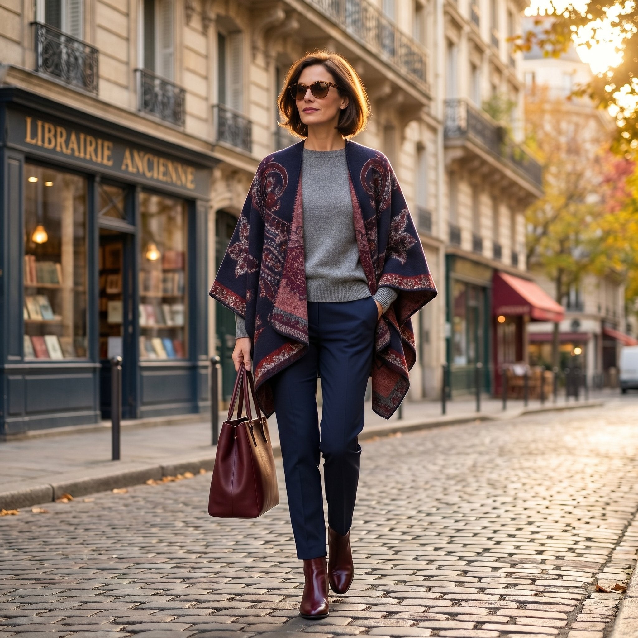 Poncho cape femme motif Paisley bleu marine, porté par une femme élégante marchant devant une librairie.
