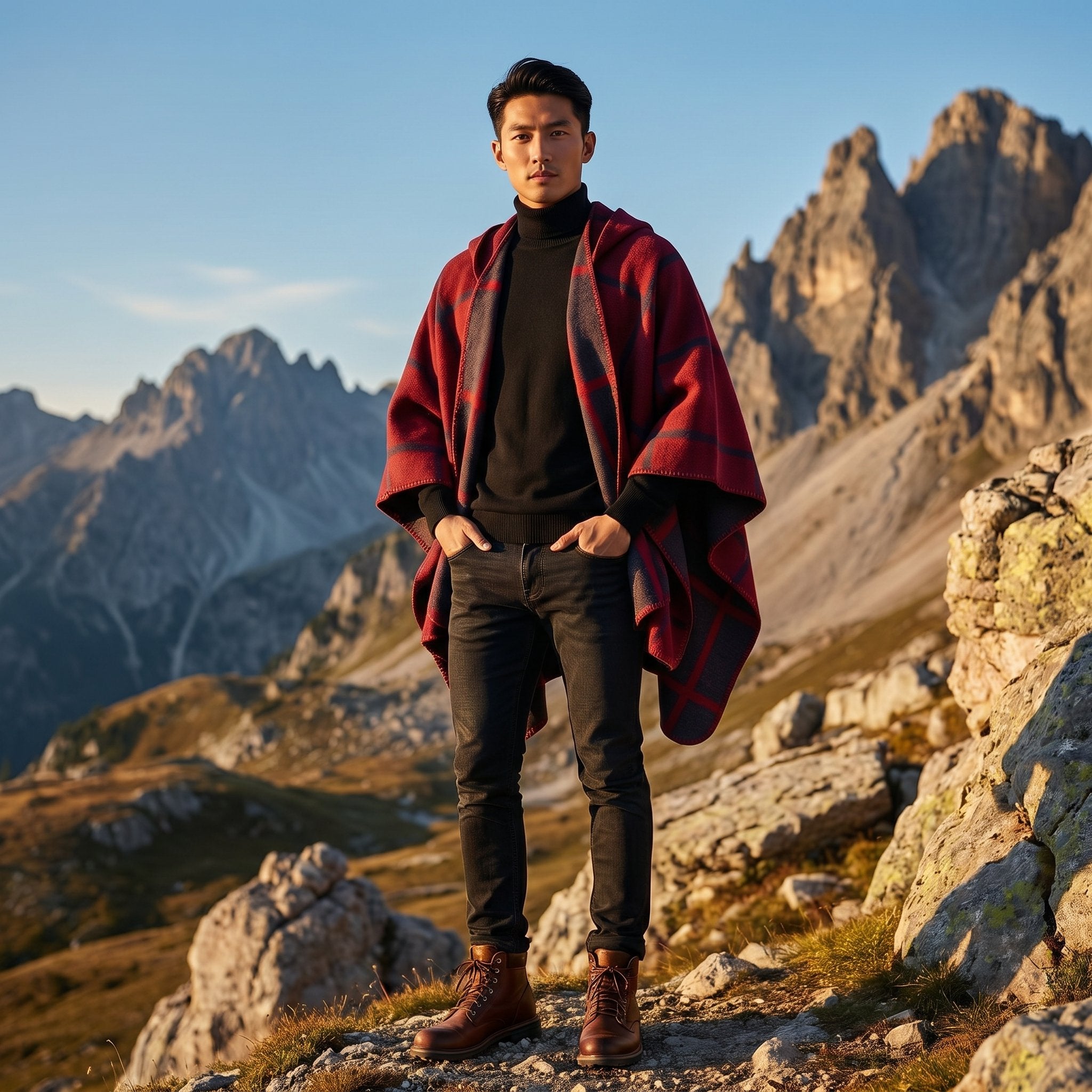 Poncho cape homme à carreaux chaud, rouge et bleu, porté de face par un homme en extérieur rocheux