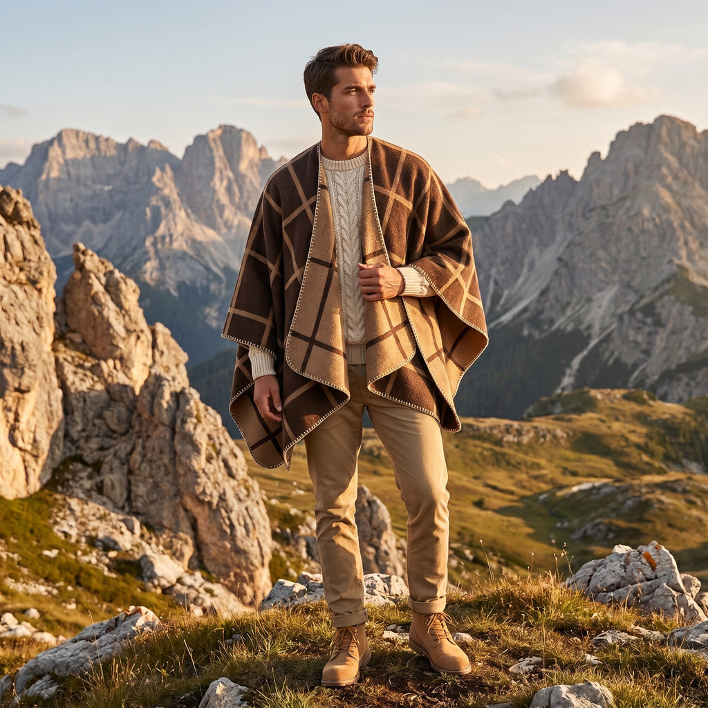 Poncho cape homme à carreaux chaud, marron et beige, porté de face par un homme en extérieur montagneux
