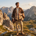 Poncho cape homme à carreaux chaud, marron et beige, porté de face par un homme en extérieur montagneux