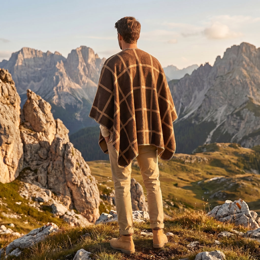 Poncho cape homme à carreaux chaud, marron et beige, porté de dos par un homme en extérieur montagneux