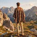 Poncho cape homme à carreaux chaud, marron et beige, porté de dos par un homme en extérieur montagneux