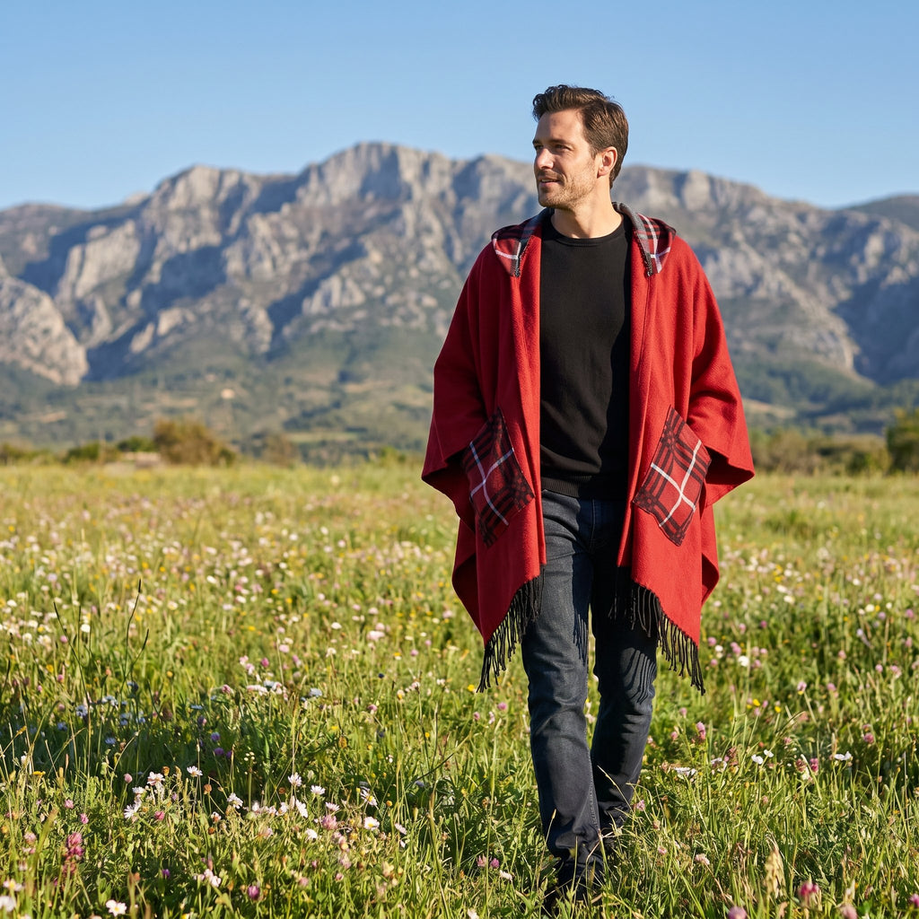 Poncho cape homme à carreaux avec poches rouge, porté par un homme marchant de face dans un champ fleuri en extérieur