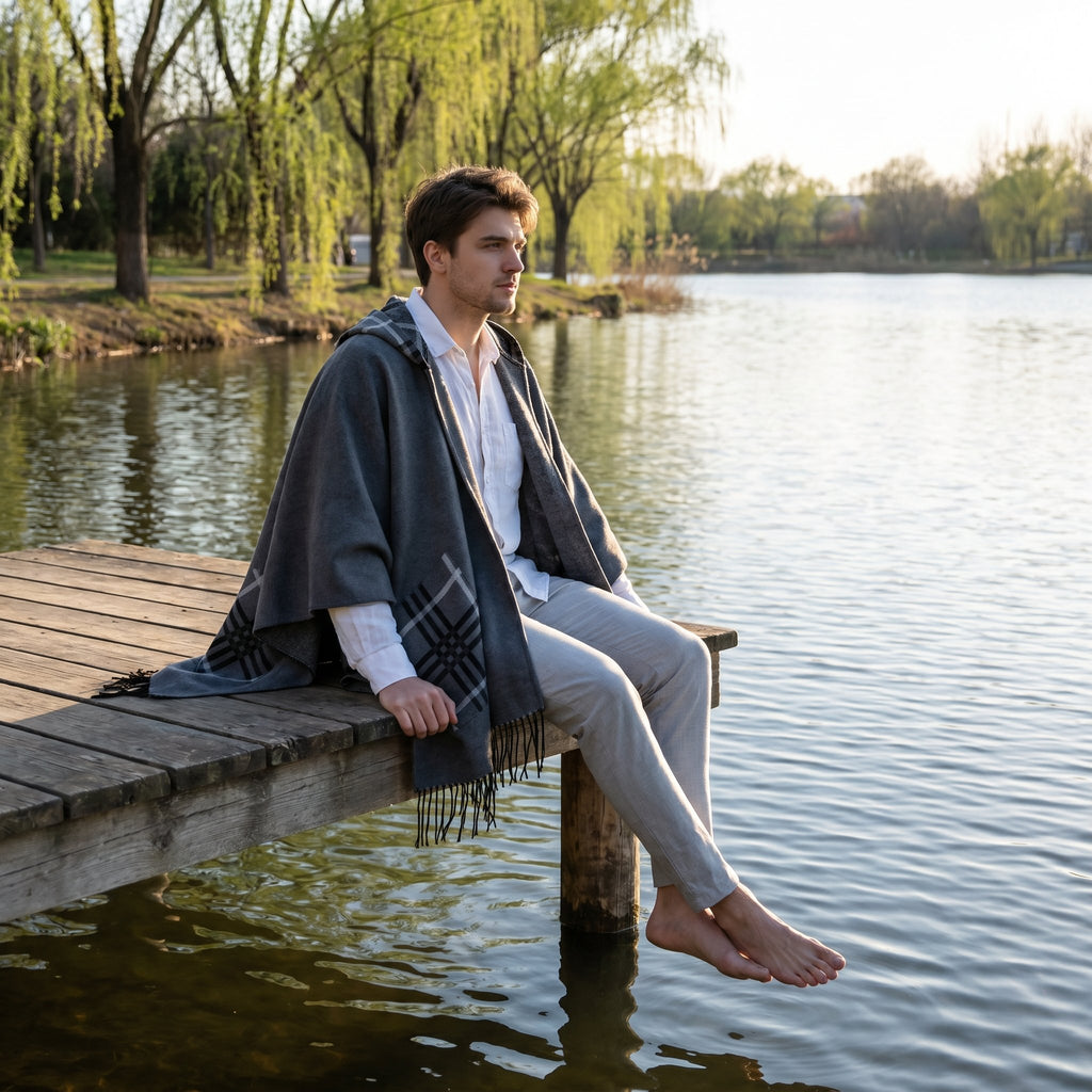 Poncho cape homme à carreaux avec poches gris, porté par un homme assis de profil sur un ponton au bord de l'eau