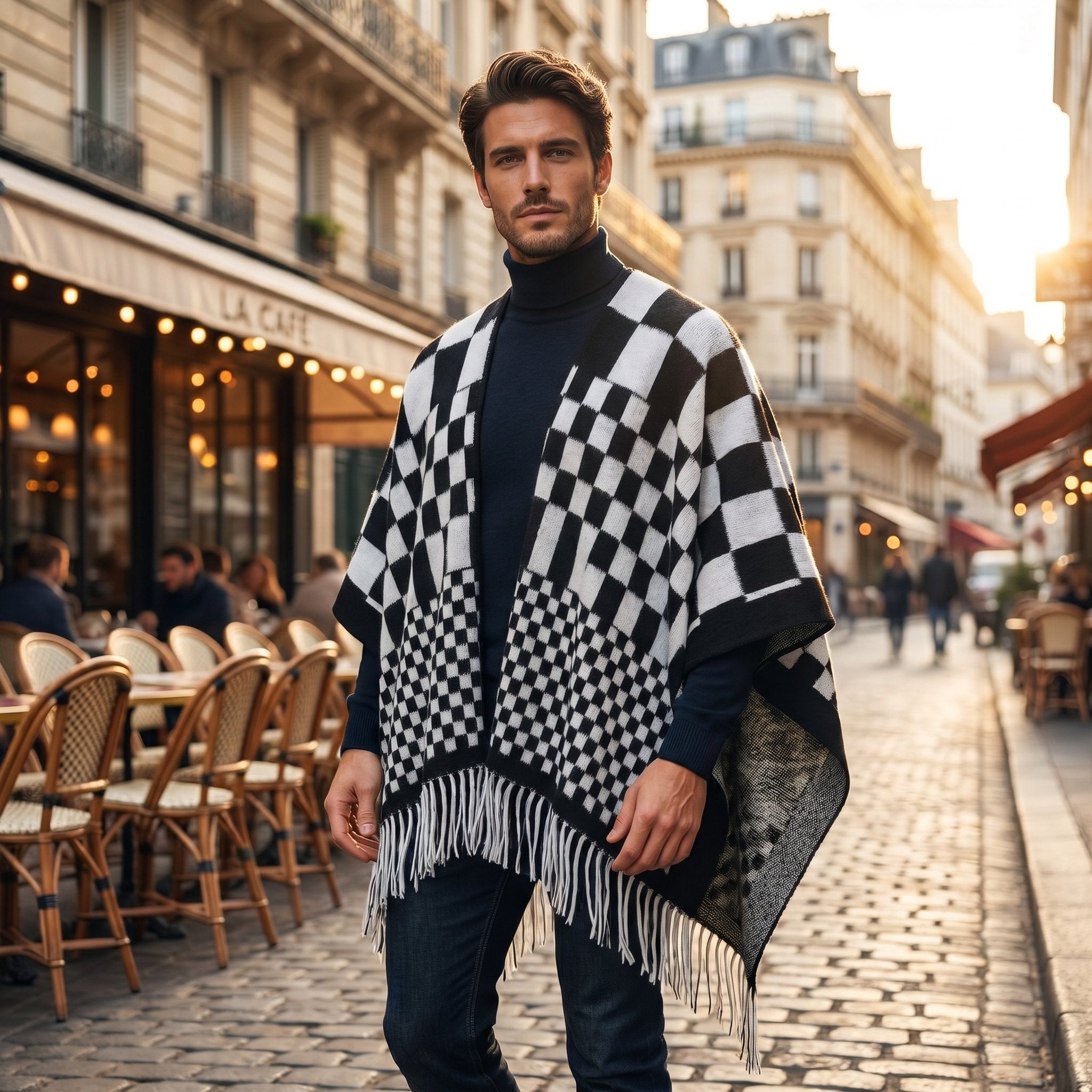 Poncho cape homme à damier noir et blanc, porté de face par un homme devant un café avec terrasse
