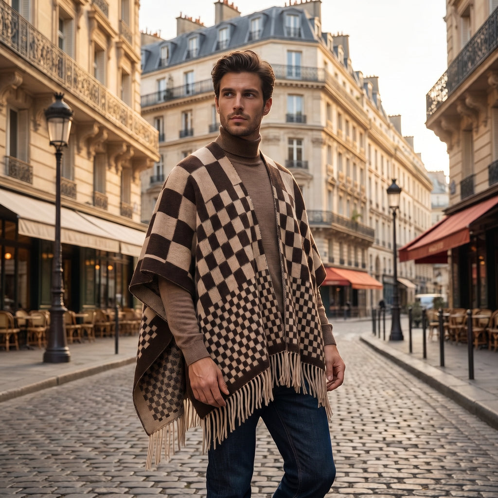 Poncho cape homme à damier marron et beige, porté de face par un homme marchant dans une rue pavée