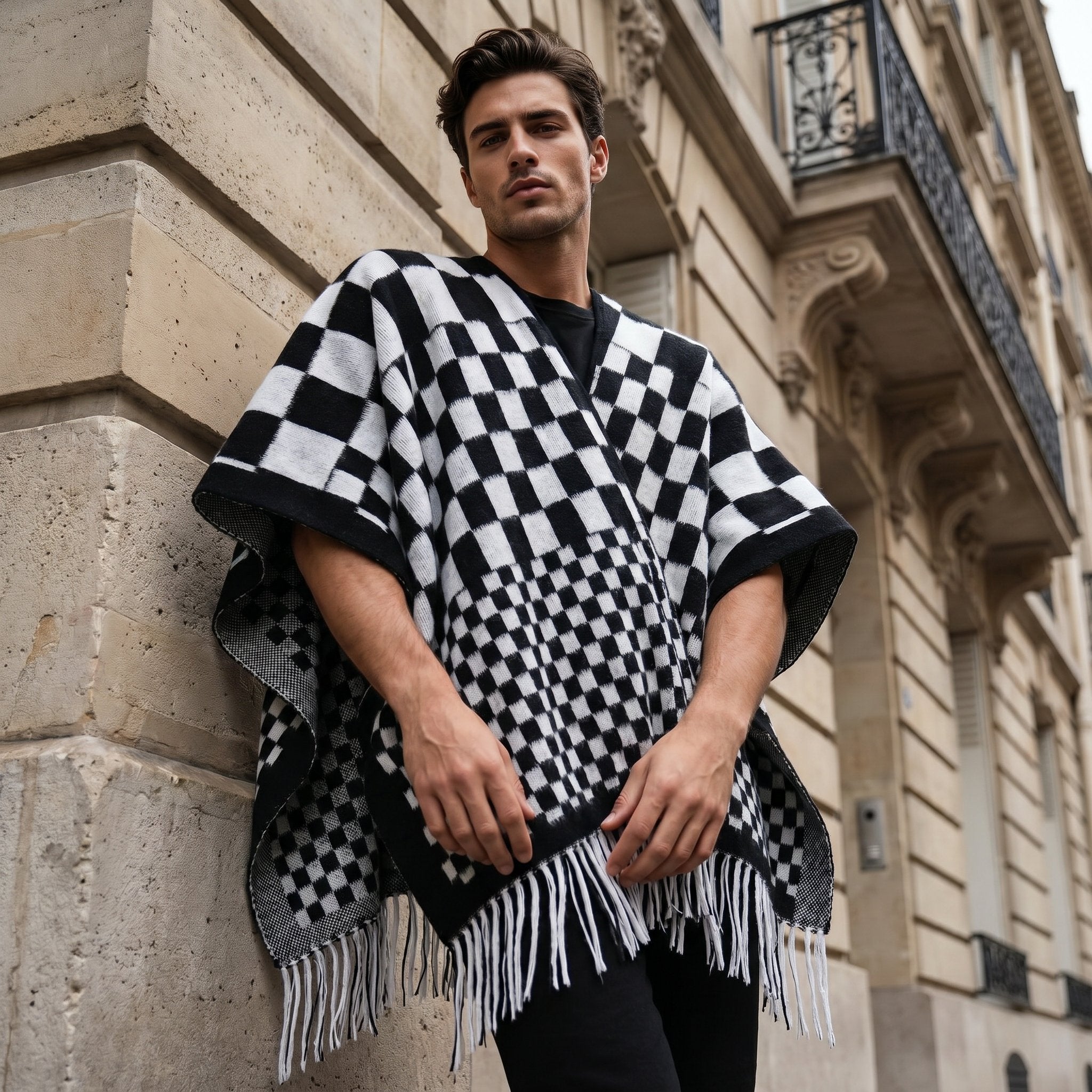Poncho cape homme à damier noir et blanc, porté de face par un homme adossé à un mur en pierre