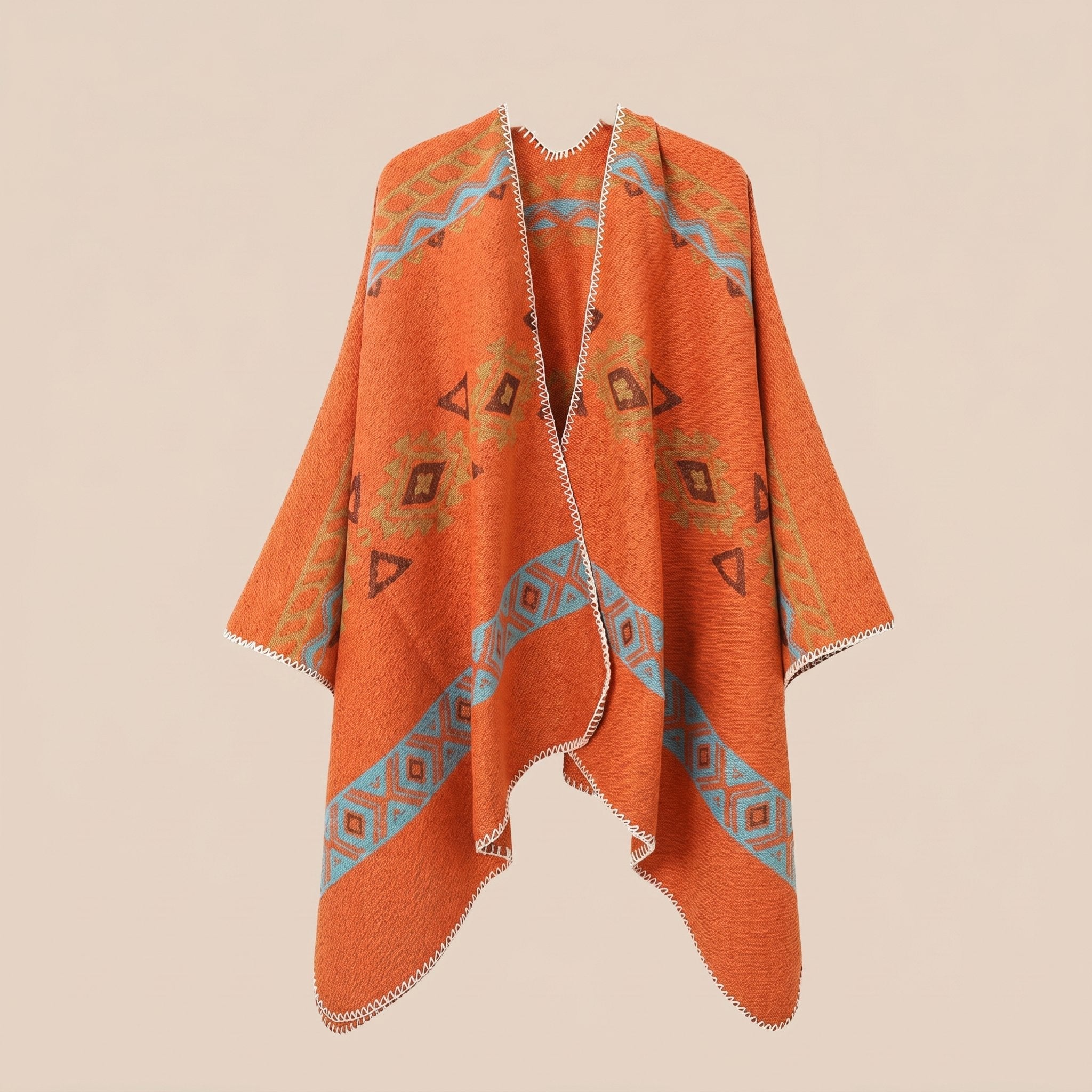 Poncho cape homme ethnique orange, présenté à plat sur un fond clair.