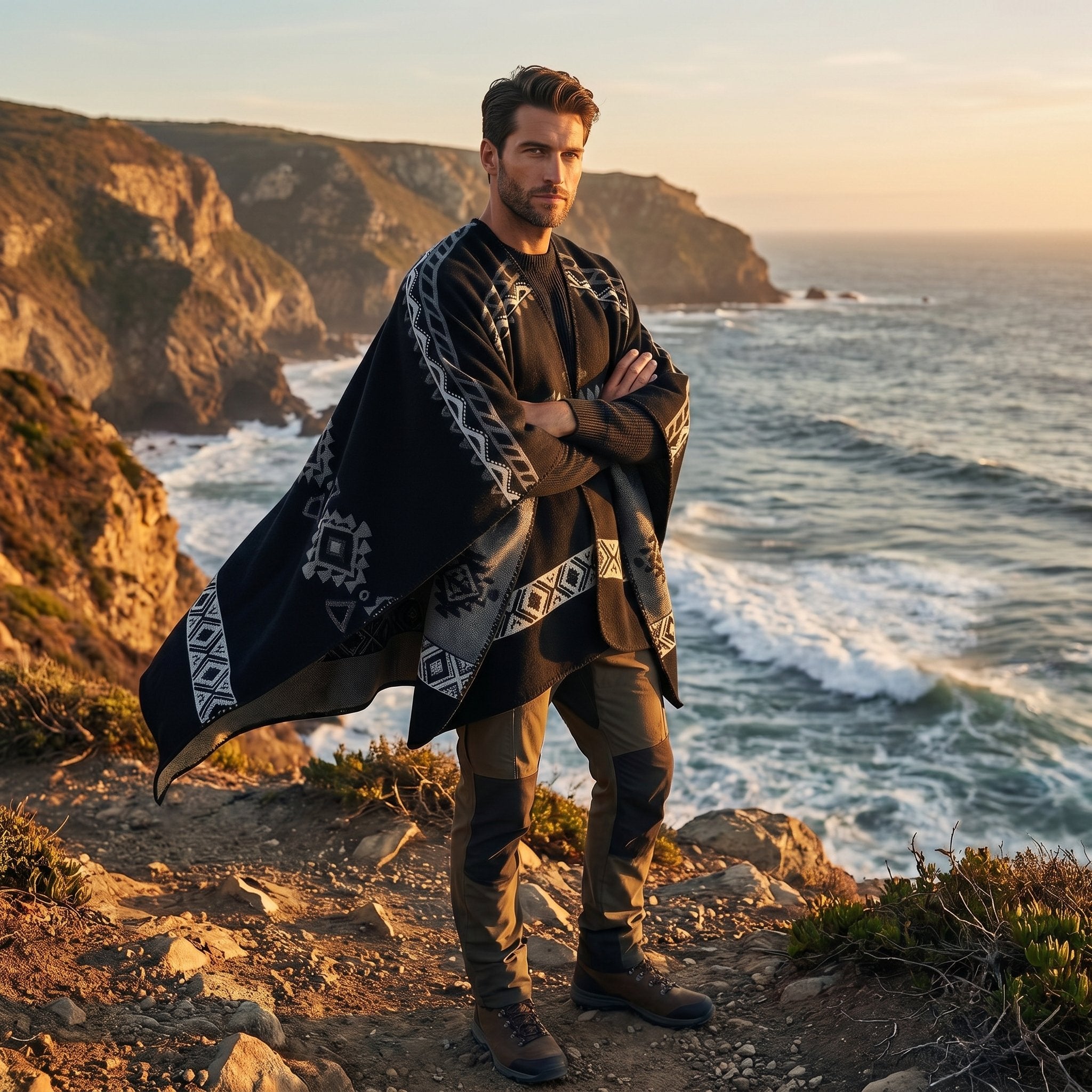 Poncho cape homme ethnique noir, porté par un homme au bord d'une falaise face à la mer.