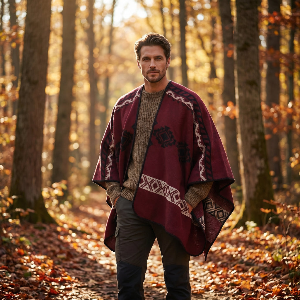Poncho cape homme ethnique bordeaux, porté par un homme marchant dans une forêt d'automne.