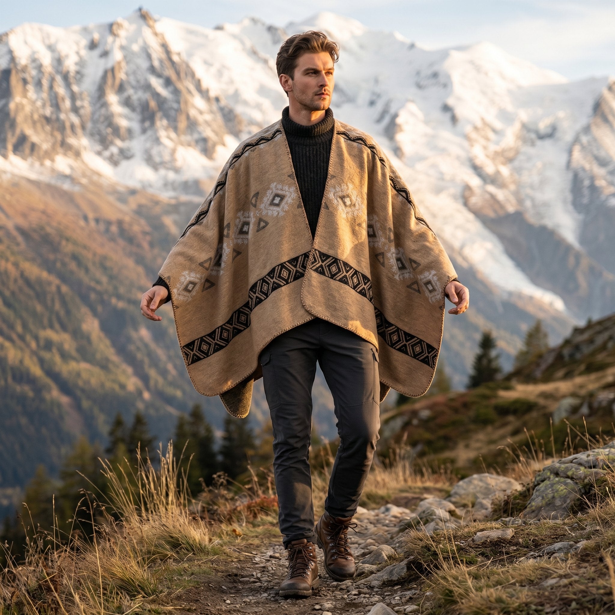 Poncho cape homme ethnique beige, porté par un homme en pleine nature avec des montagnes enneigées.