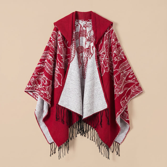 Poncho cape homme à franges rouge et gris clair, avec capuche, présenté à plat
