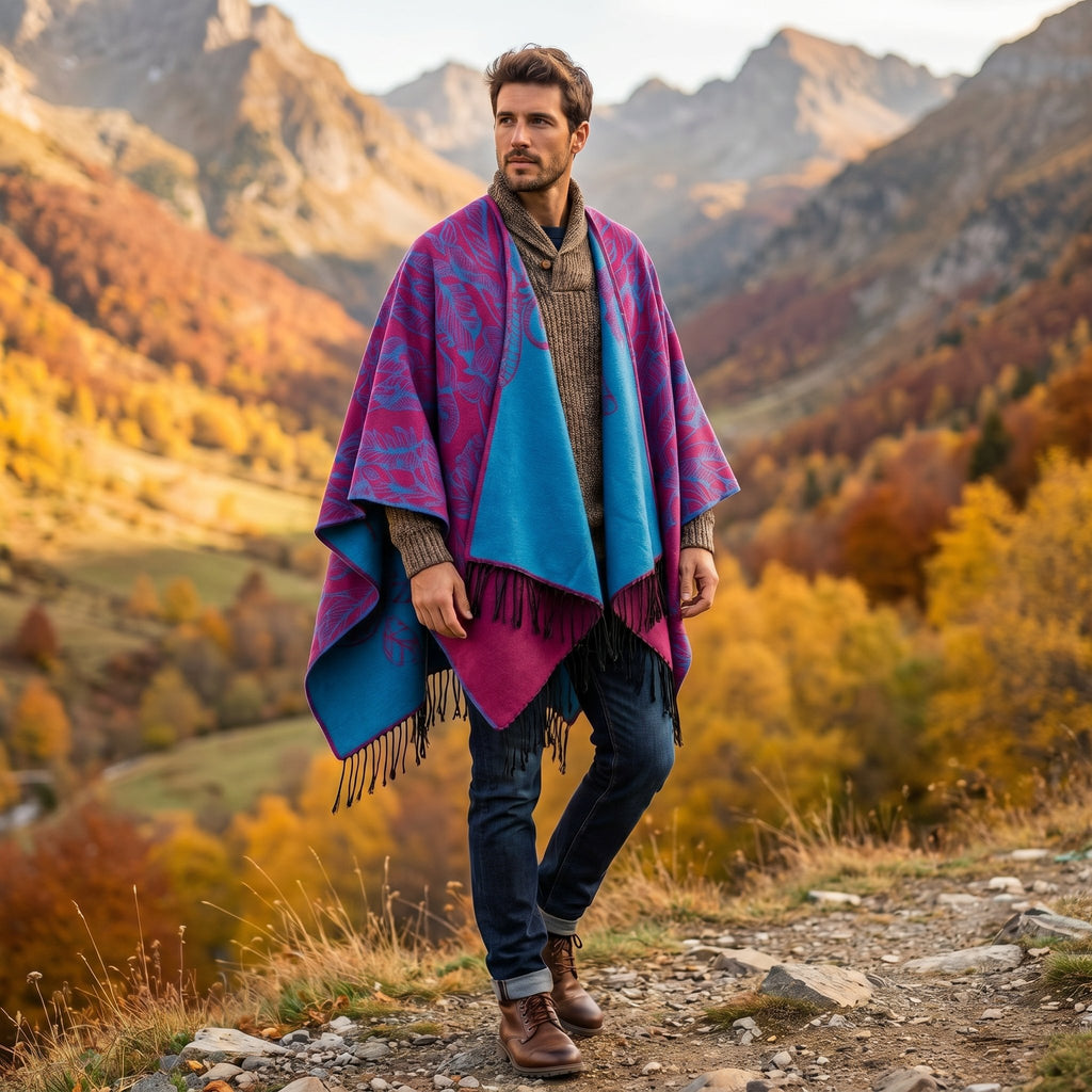 Poncho cape homme à franges magenta et bleu, porté par un homme de face en extérieur