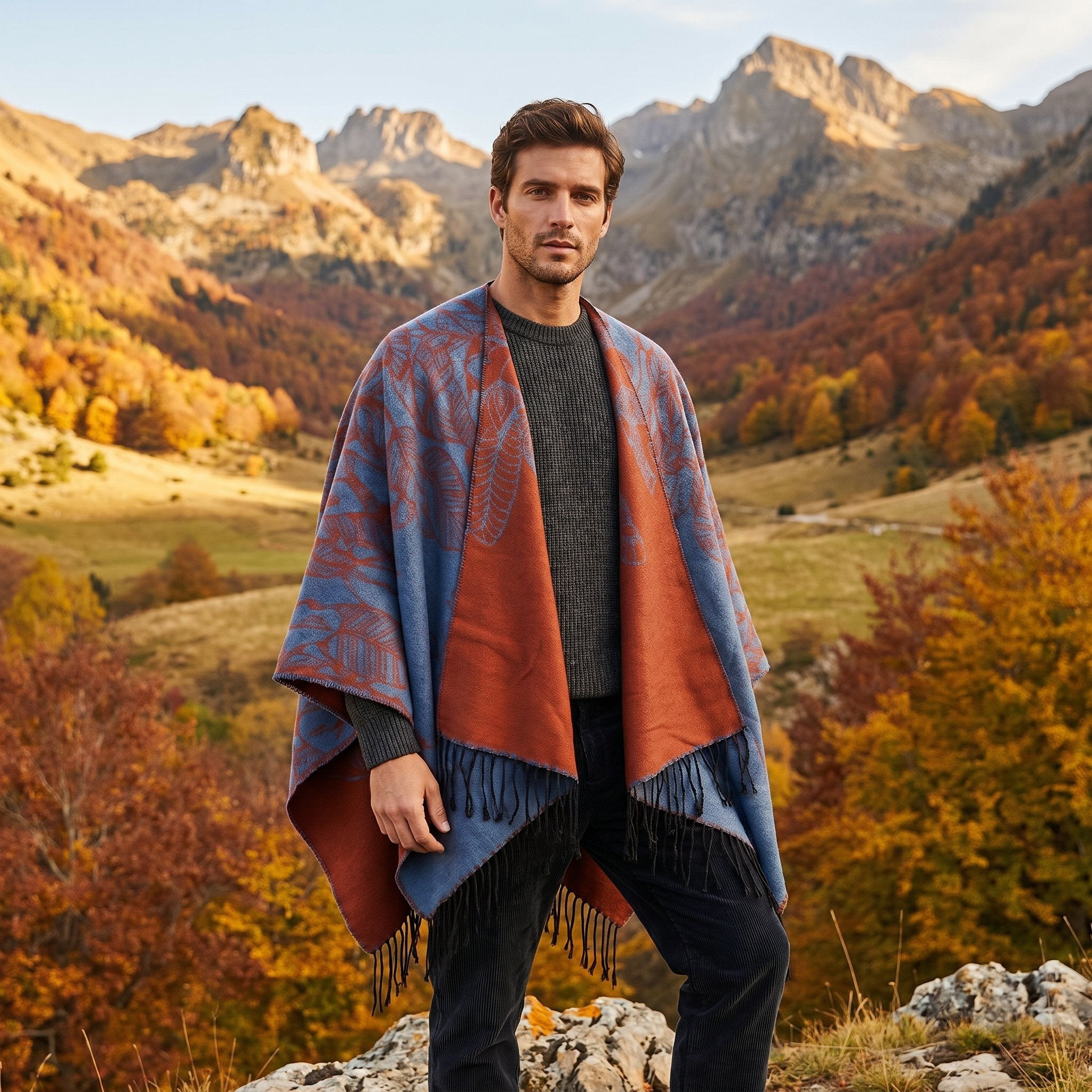 Poncho cape homme à franges rouille et bleu, porté par un homme de face en extérieur