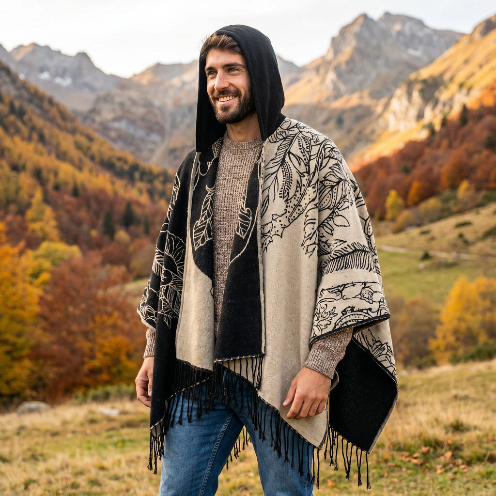 Poncho cape homme à franges noir et beige, porté par un homme souriant avec capuche en extérieur