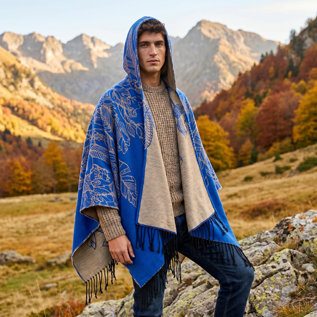 Poncho cape homme à franges bleu et beige, porté par un homme avec capuche sur la tête en extérieur