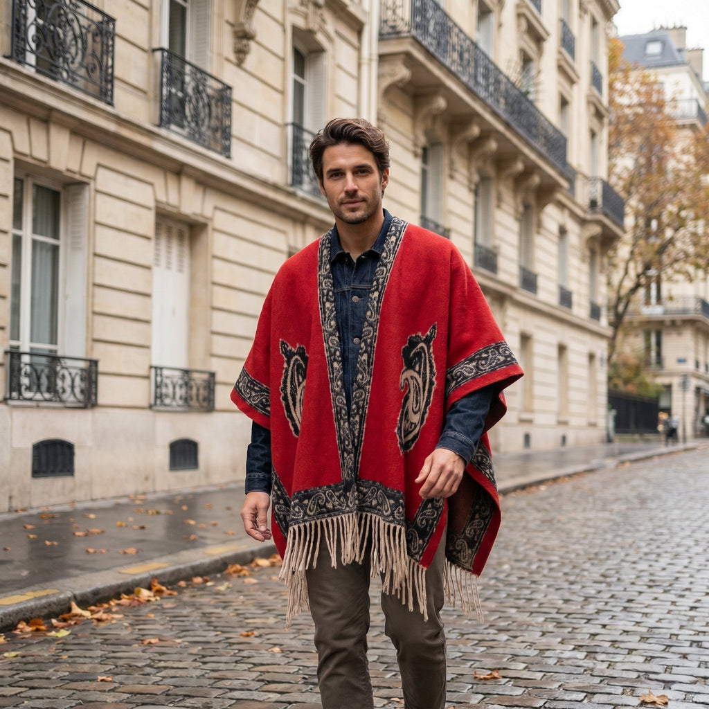 Poncho cape homme à médaillon rouge avec motifs noirs et beiges, porté par un homme marchant de face