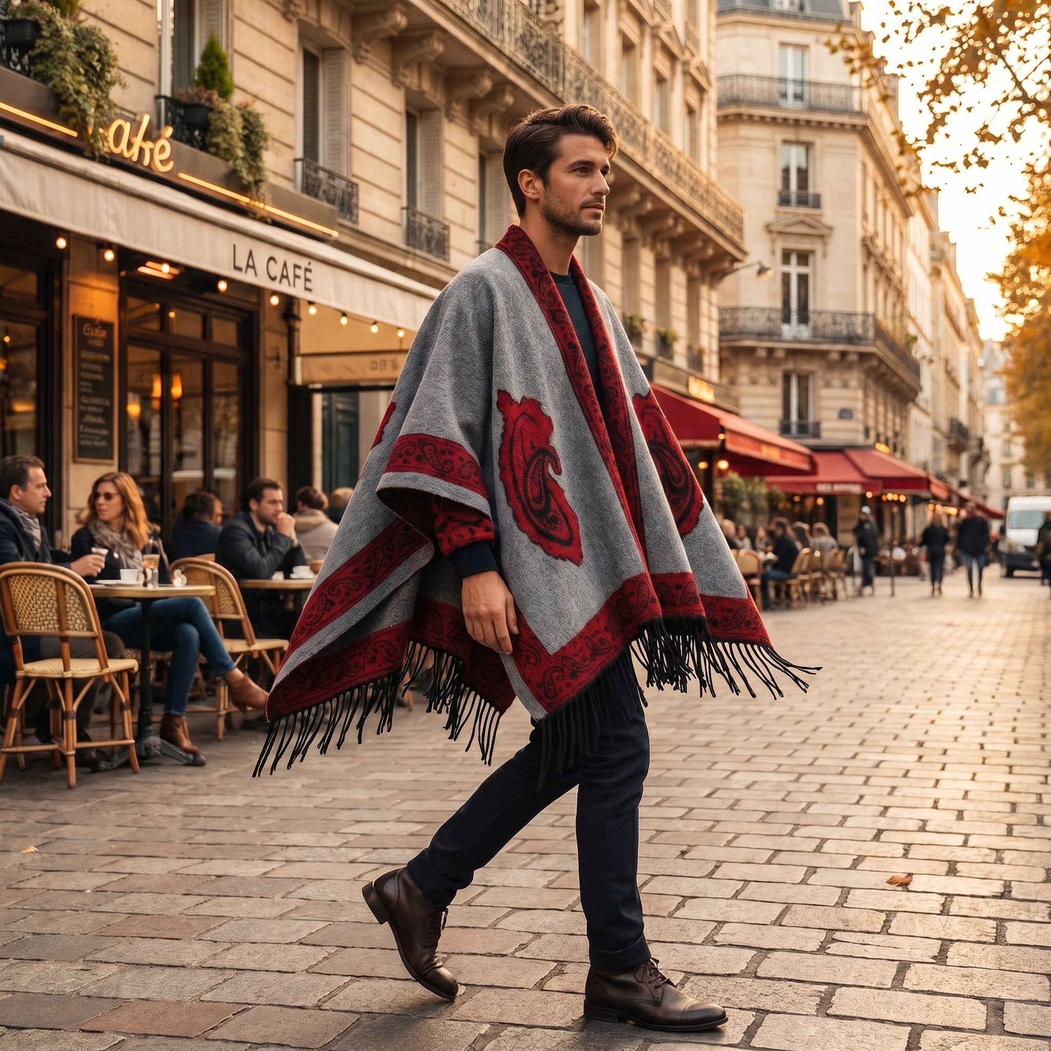 Poncho cape homme à médaillon gris et rouge, porté par un homme marchant de profil dans une rue pavée