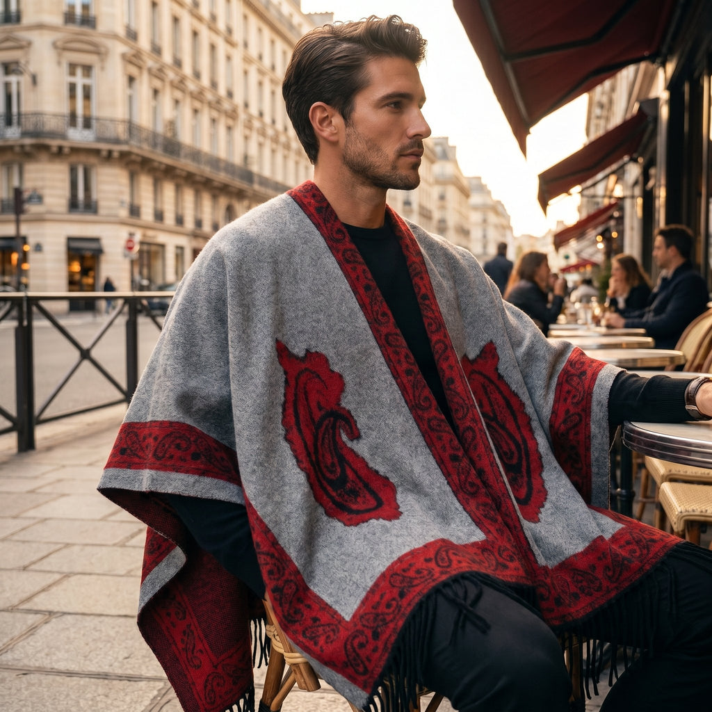 Poncho cape homme à médaillon gris et rouge, porté par un homme assis à une table de café en extérieur