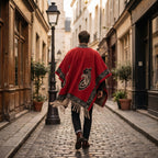 Poncho cape homme à médaillon rouge avec motifs noirs et beiges, porté par un homme marchant de dos