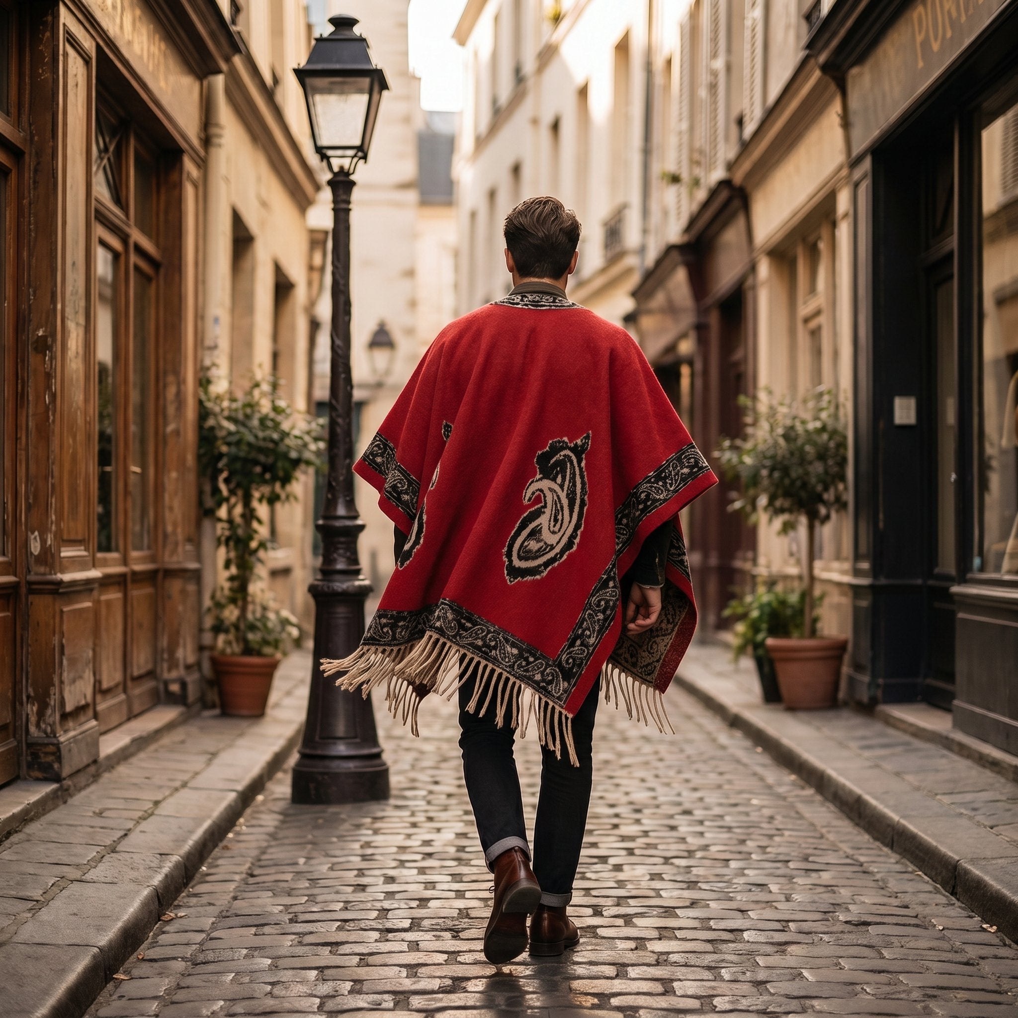 Poncho cape homme à médaillon rouge avec motifs noirs et beiges, porté par un homme marchant de dos