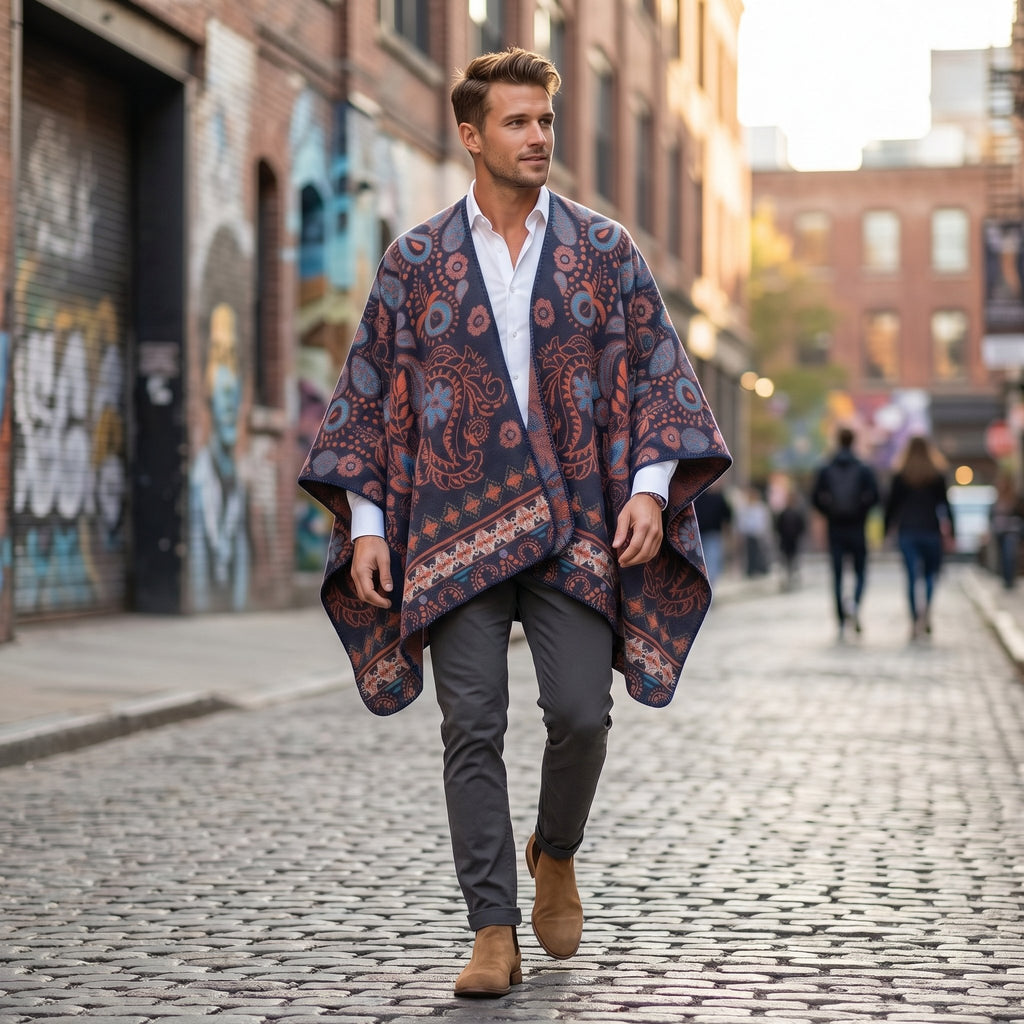 Poncho cape homme paisley bleu porté par un homme marchant dans une rue pavée, montrant le motif et les couleurs vives