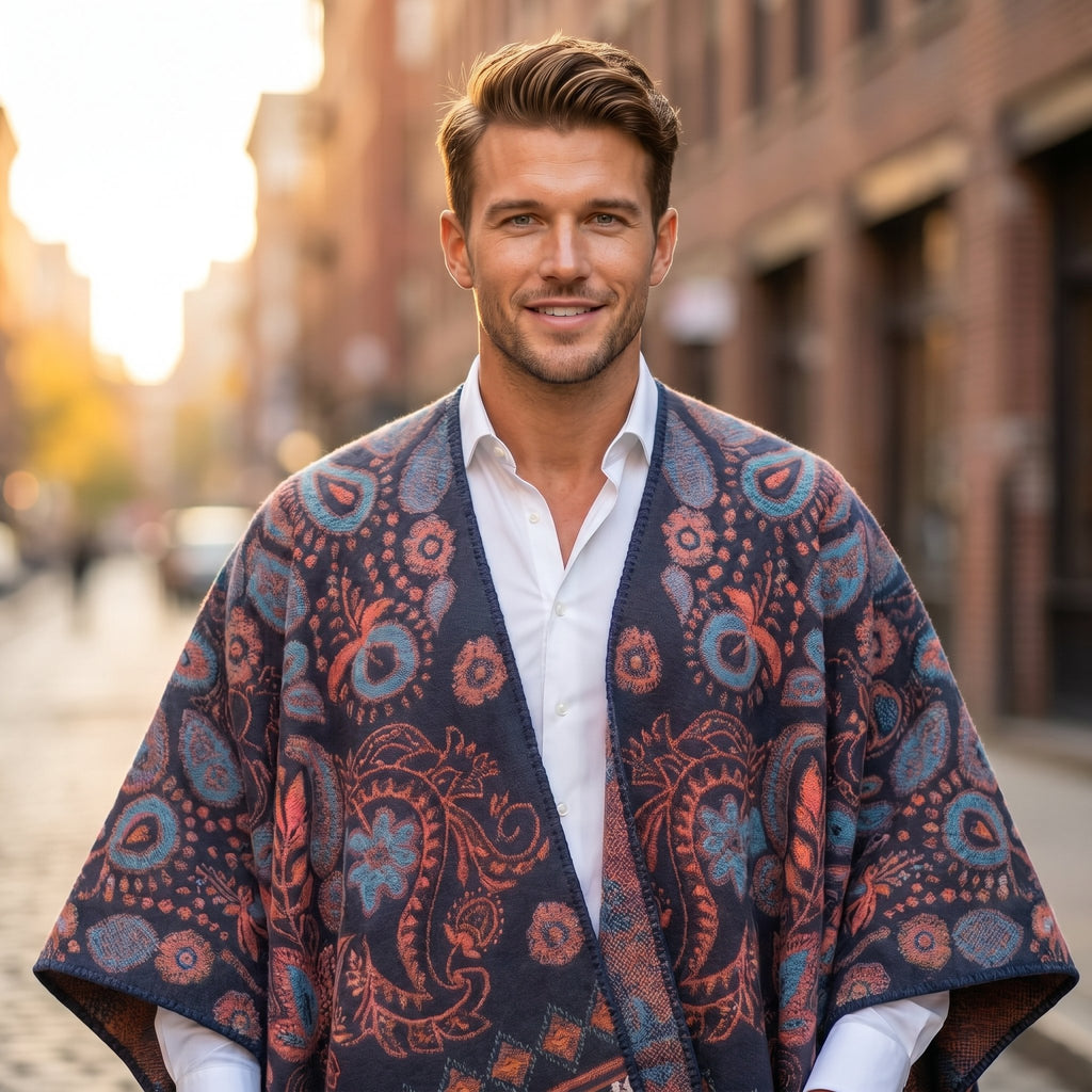 Poncho cape homme paisley bleu porté de face par un homme souriant, gros plan sur le motif détaillé et les couleurs du tissu