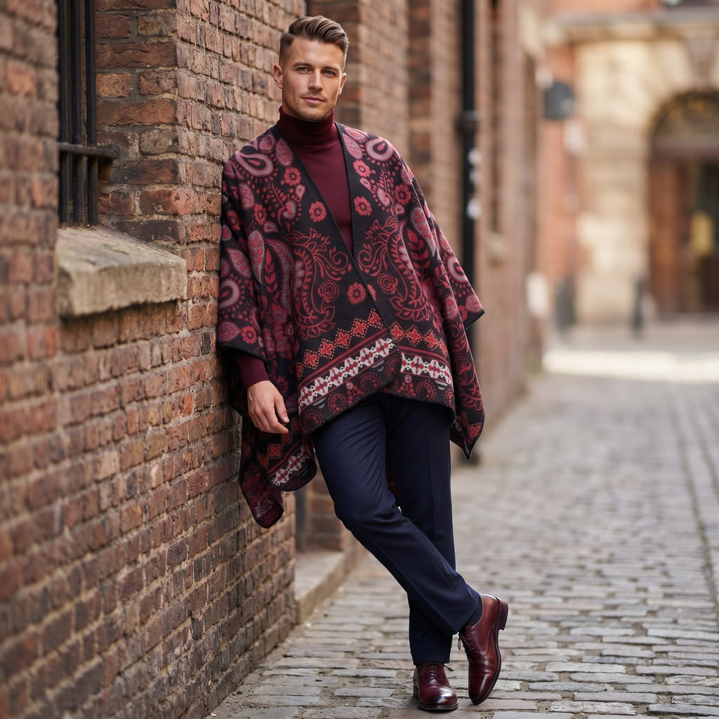 Poncho cape homme paisley bordeaux, porté par un homme de profil, appuyé contre un mur de briques dans une ruelle