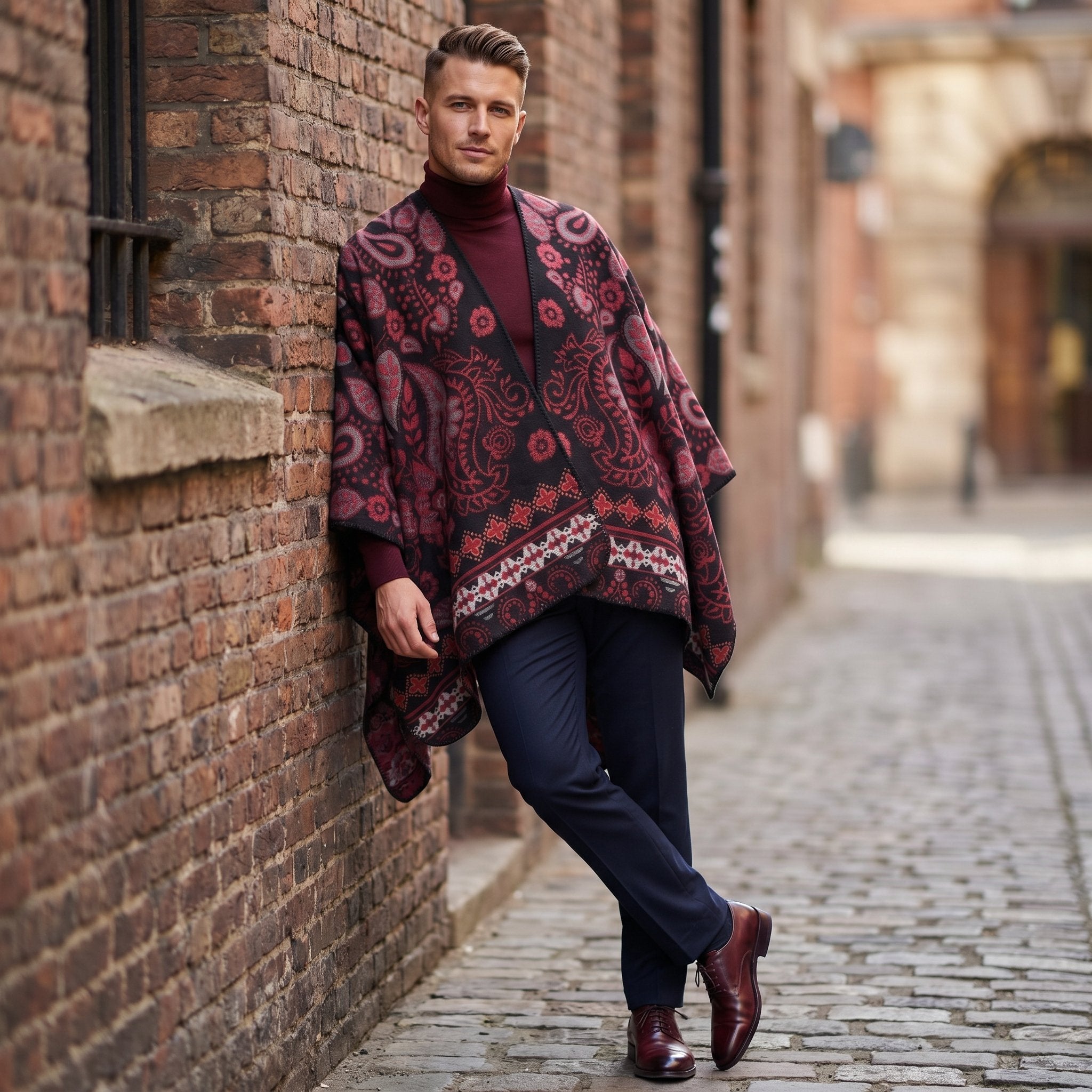 Poncho cape homme paisley bordeaux, porté par un homme de profil, appuyé contre un mur de briques dans une ruelle