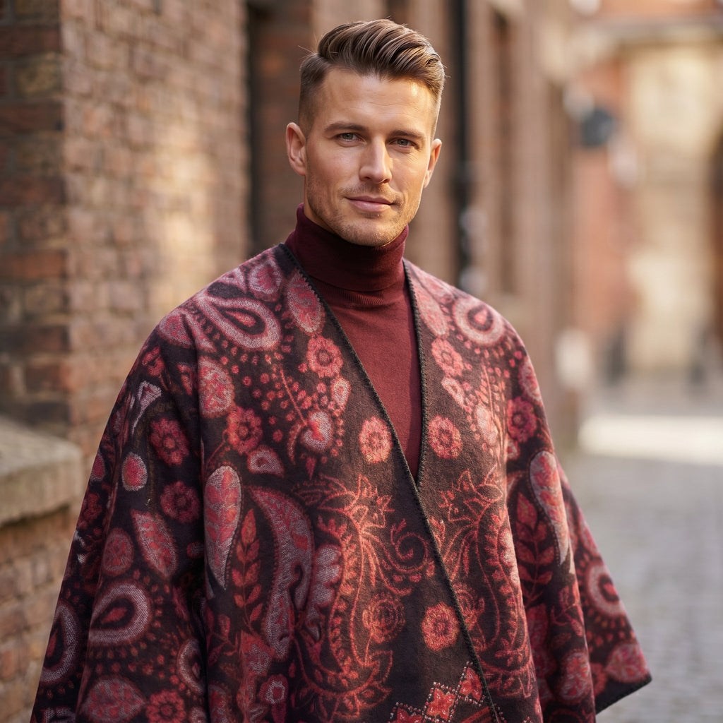 Poncho cape homme paisley bordeaux, gros plan sur le haut du corps et le motif, porté par un homme regardant de face