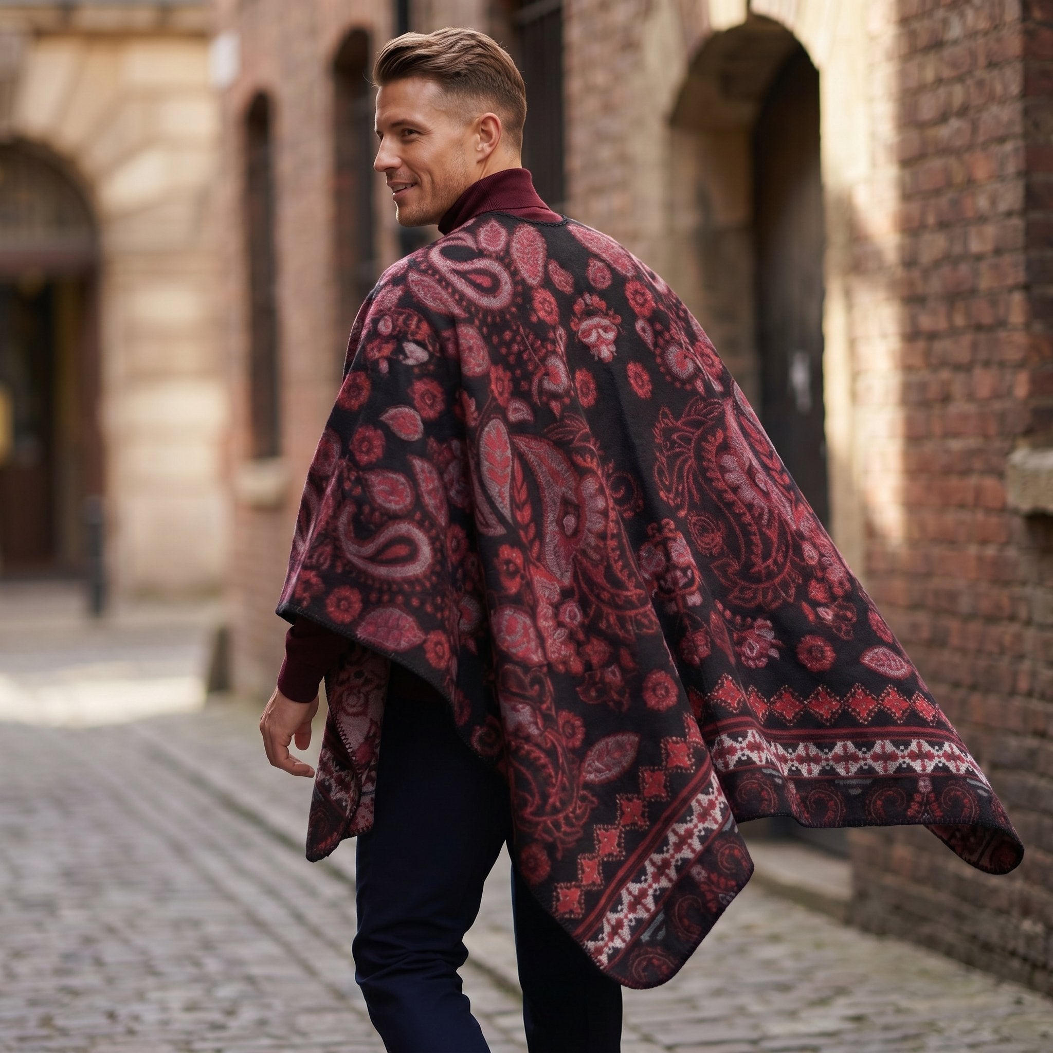 Poncho cape homme paisley bordeaux, porté par un homme de dos, marchant dans une ruelle, montrant l'ampleur du vêtement