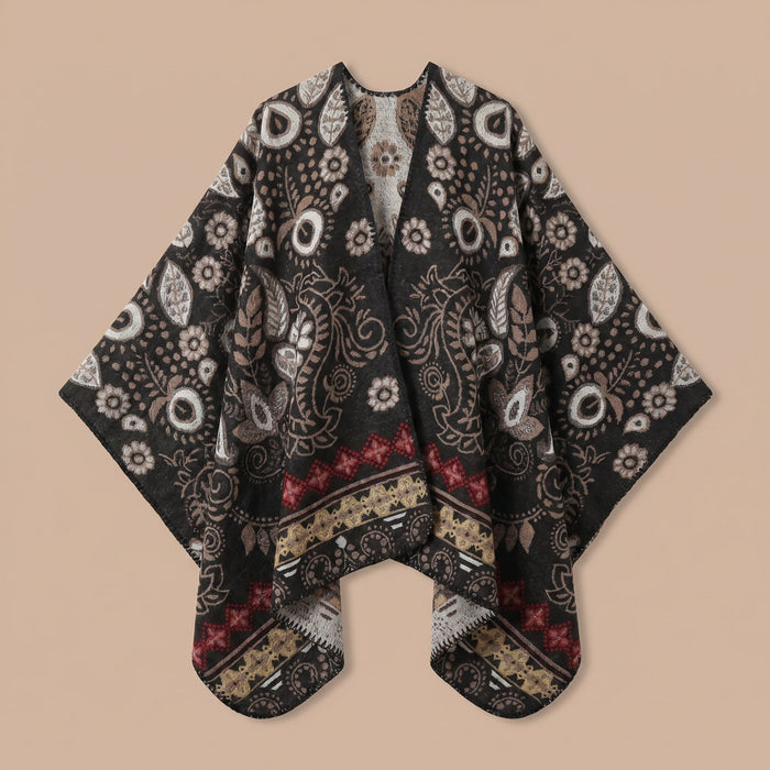 Poncho cape homme motif Paisley crème, présenté à plat sur un fond uni.