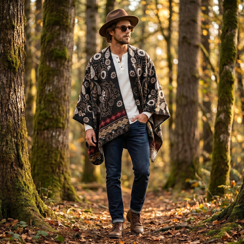 Poncho cape homme motif Paisley crème, porté par un homme marchant dans une forêt.