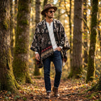 Poncho cape homme motif Paisley crème, porté par un homme marchant dans une forêt.